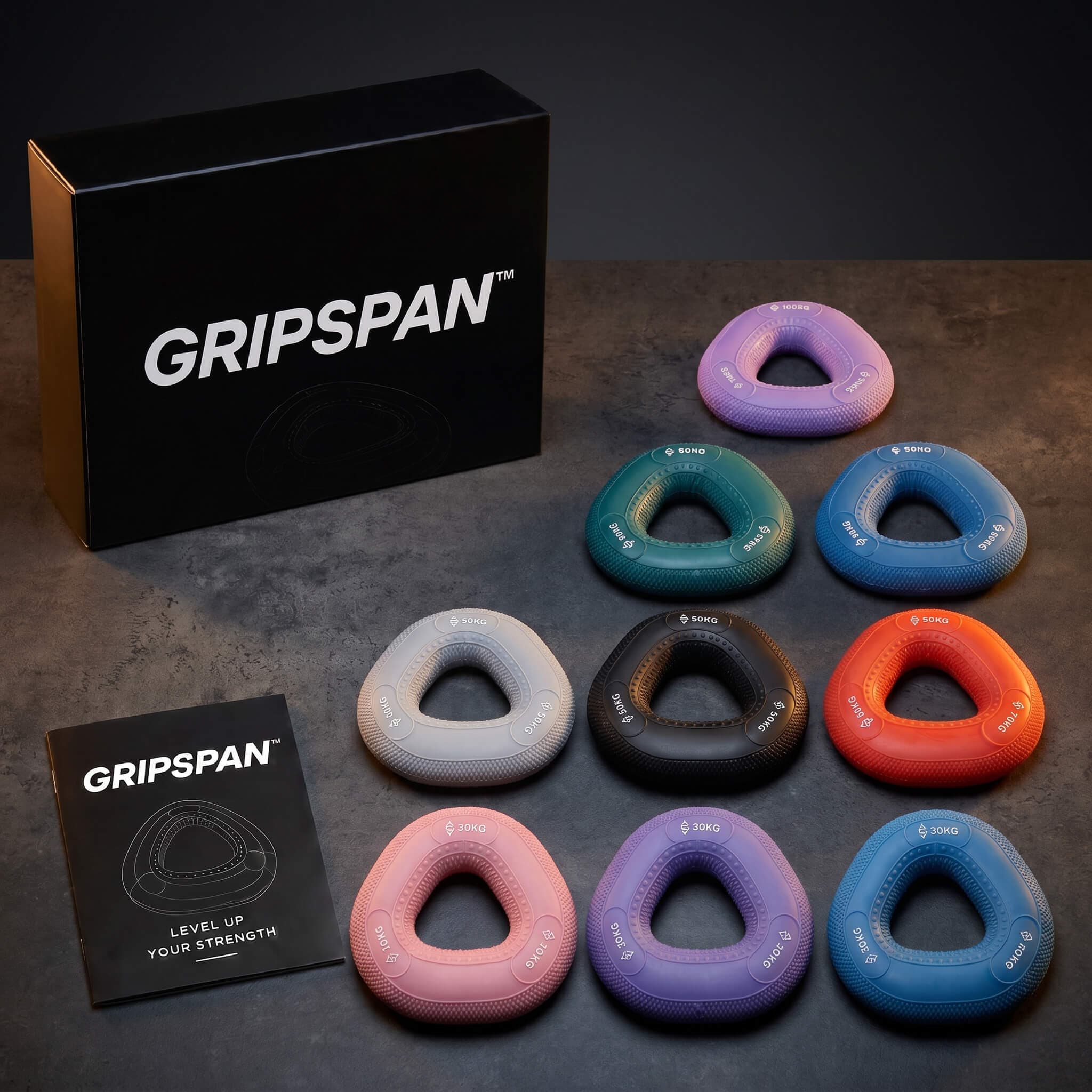 Full set of Dad Hands grip rings with box and guide