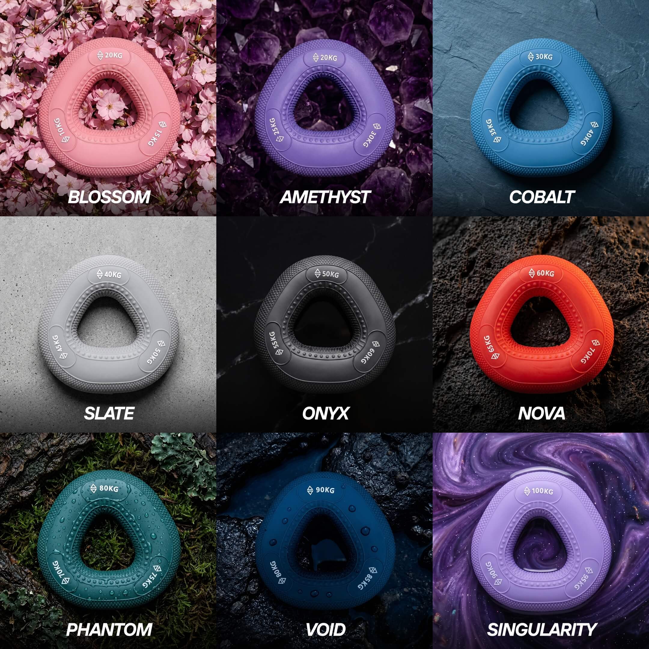 The nine Dad Hands grip rings from Blossom to Singularity with resistance levels
