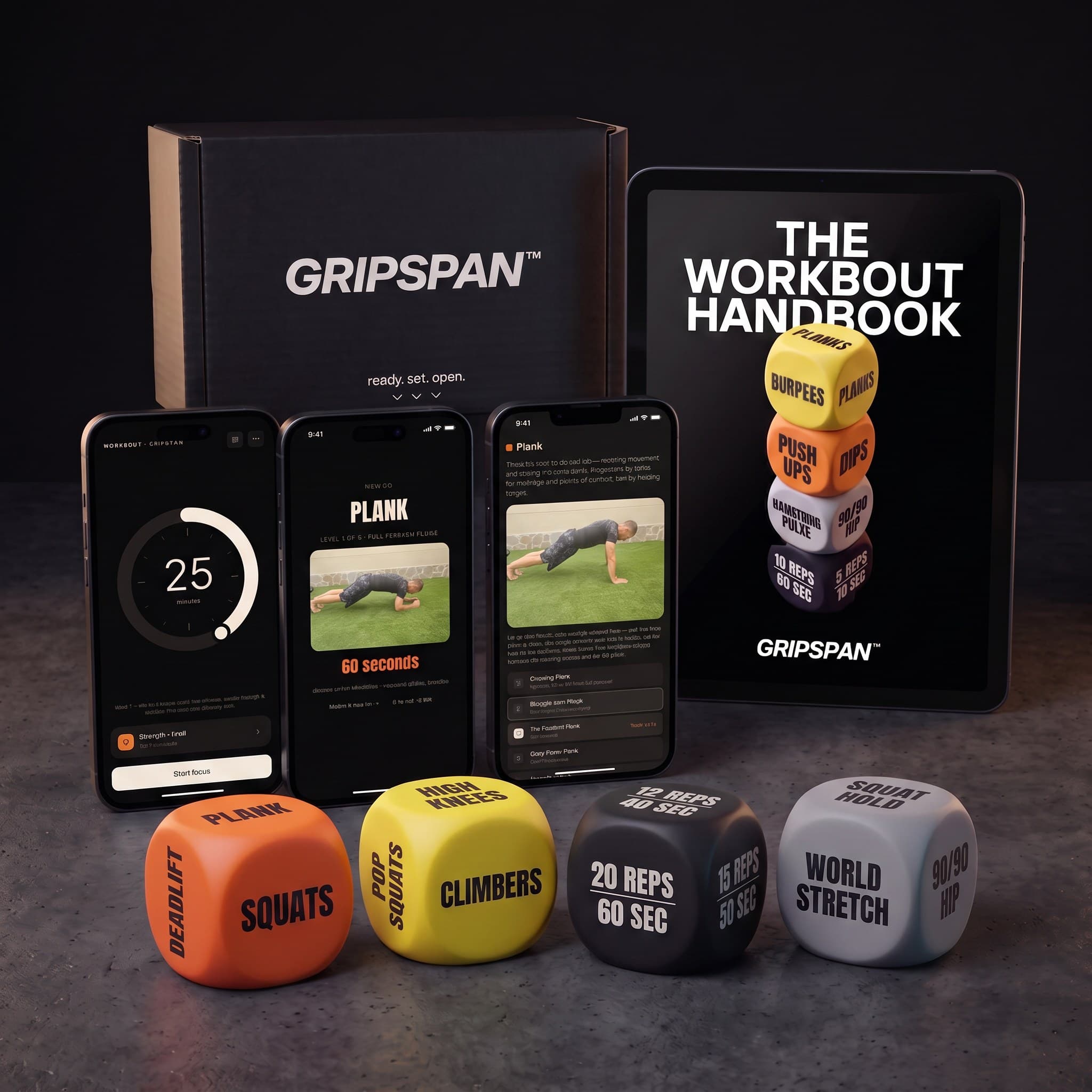 The WorkBout bundle: the four dice, the app on three phones, the Handbook on a tablet, and the Gripspan box