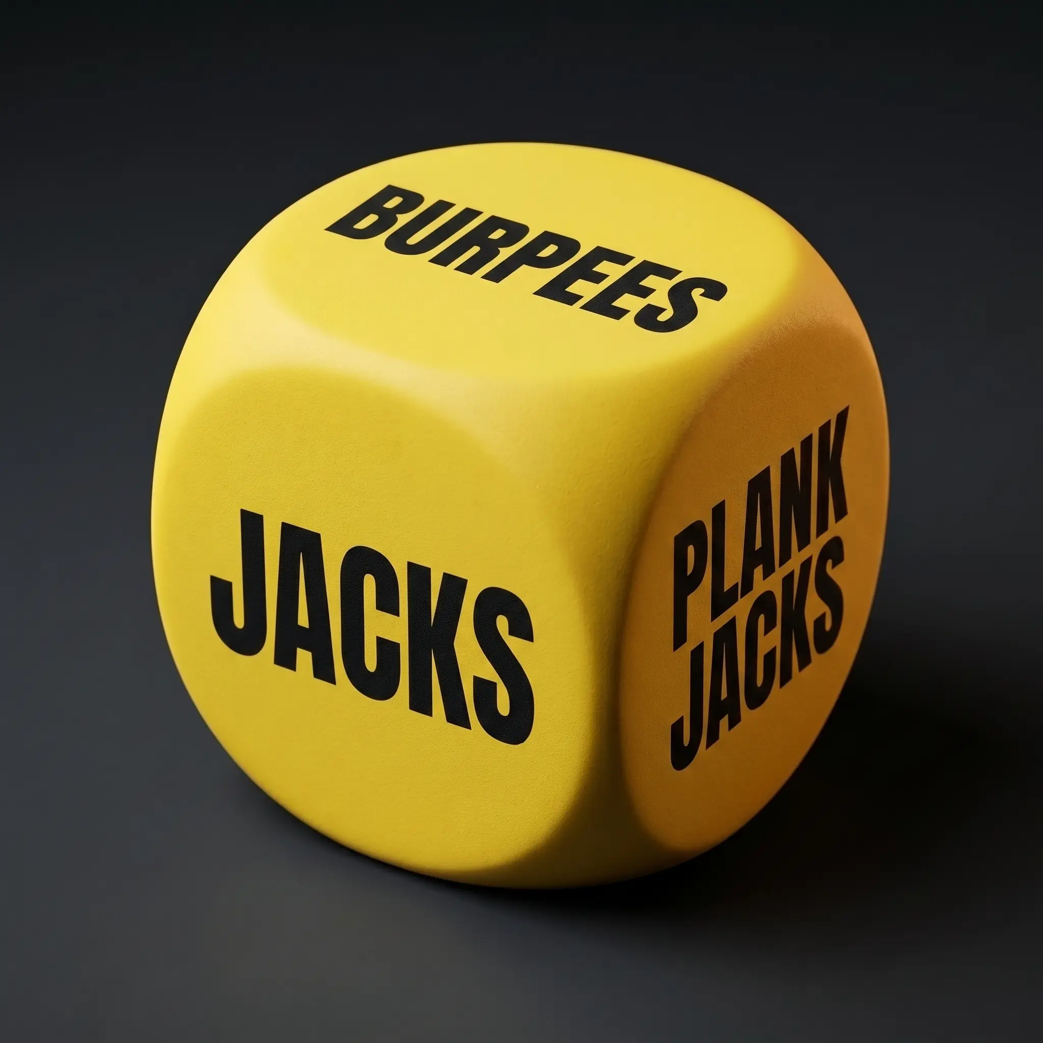 The yellow Cardio die showing Burpees, Jacks and Plank Jacks