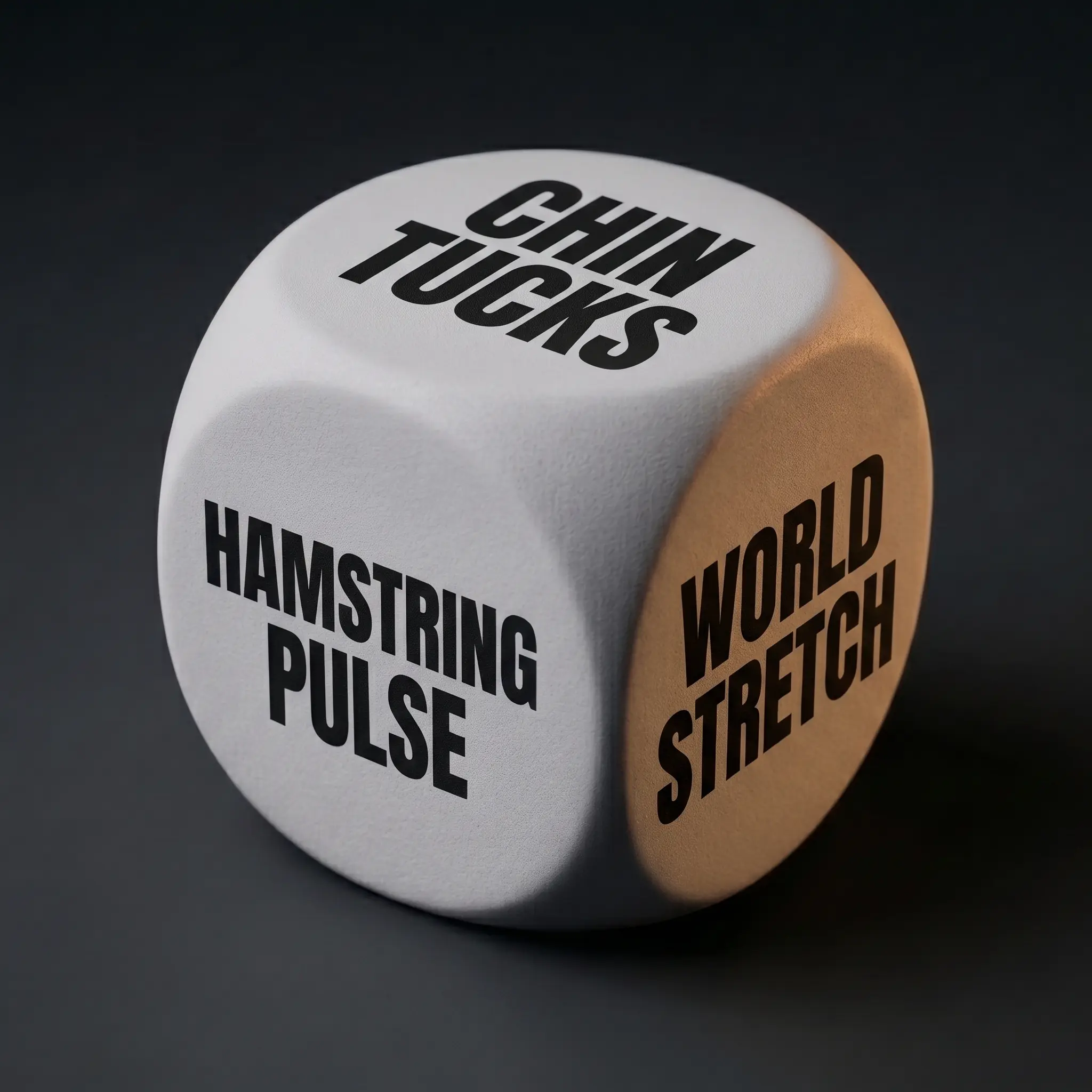 The grey Mobility die showing Chin Tucks, Hamstring Pulse and World Stretch