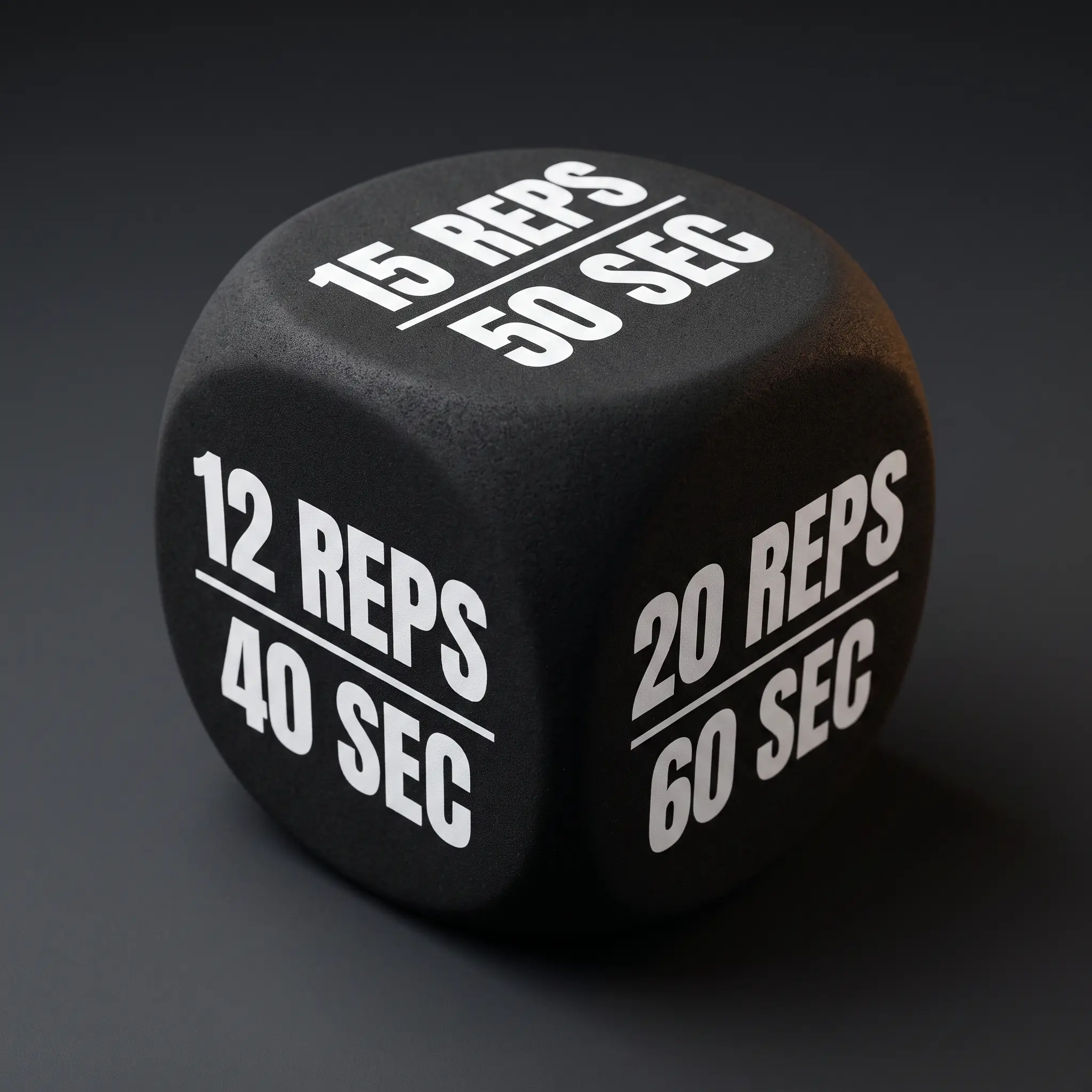 The black Time / Reps die showing rep counts and seconds