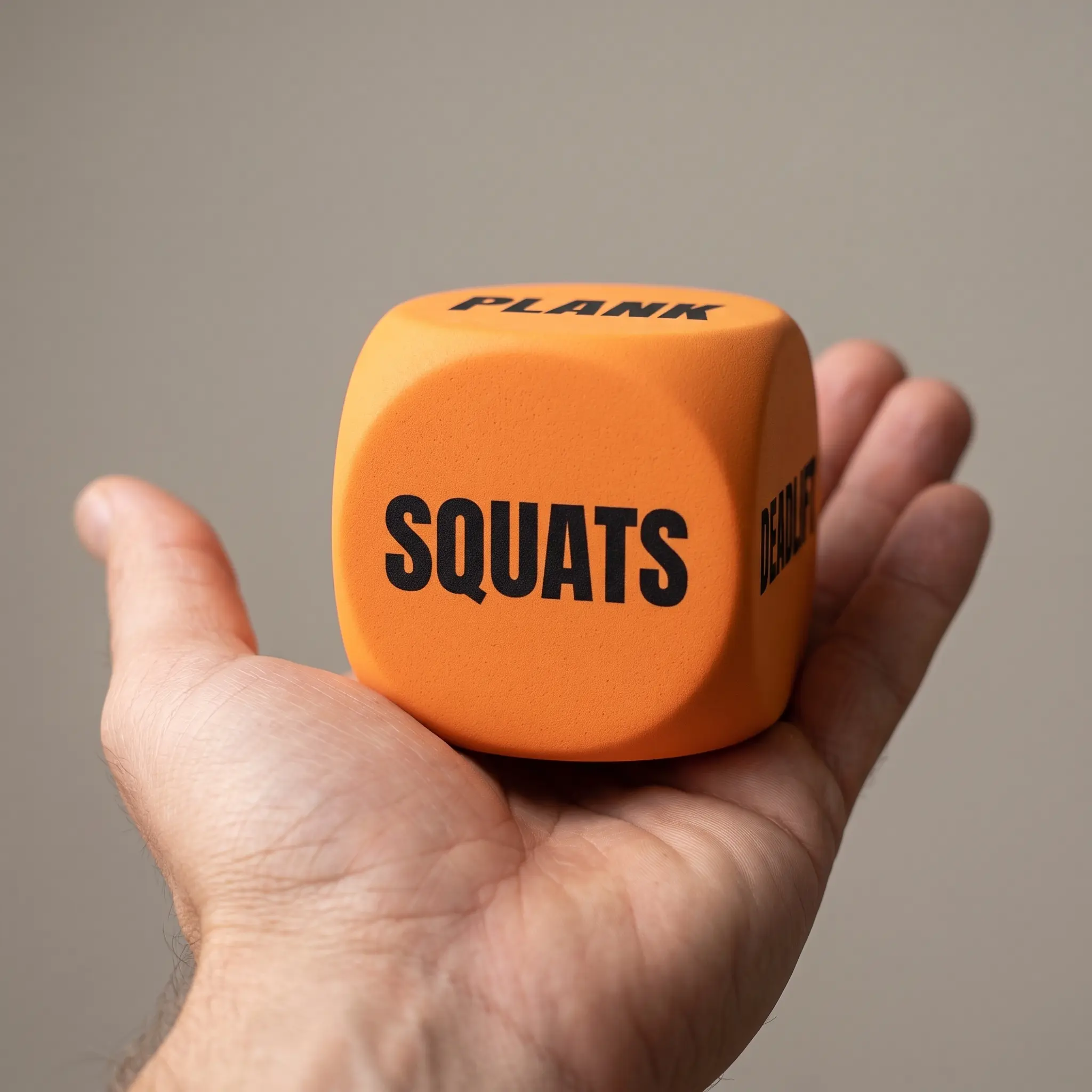 The orange Strength die resting in an open hand