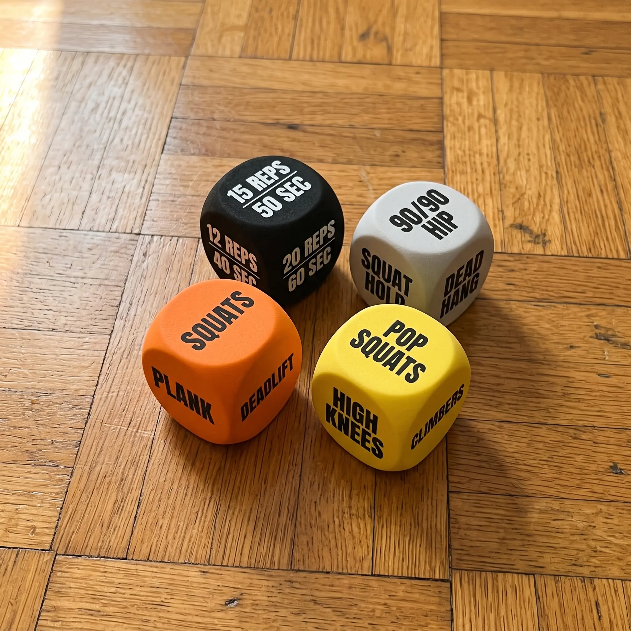 The four dice on a parquet floor