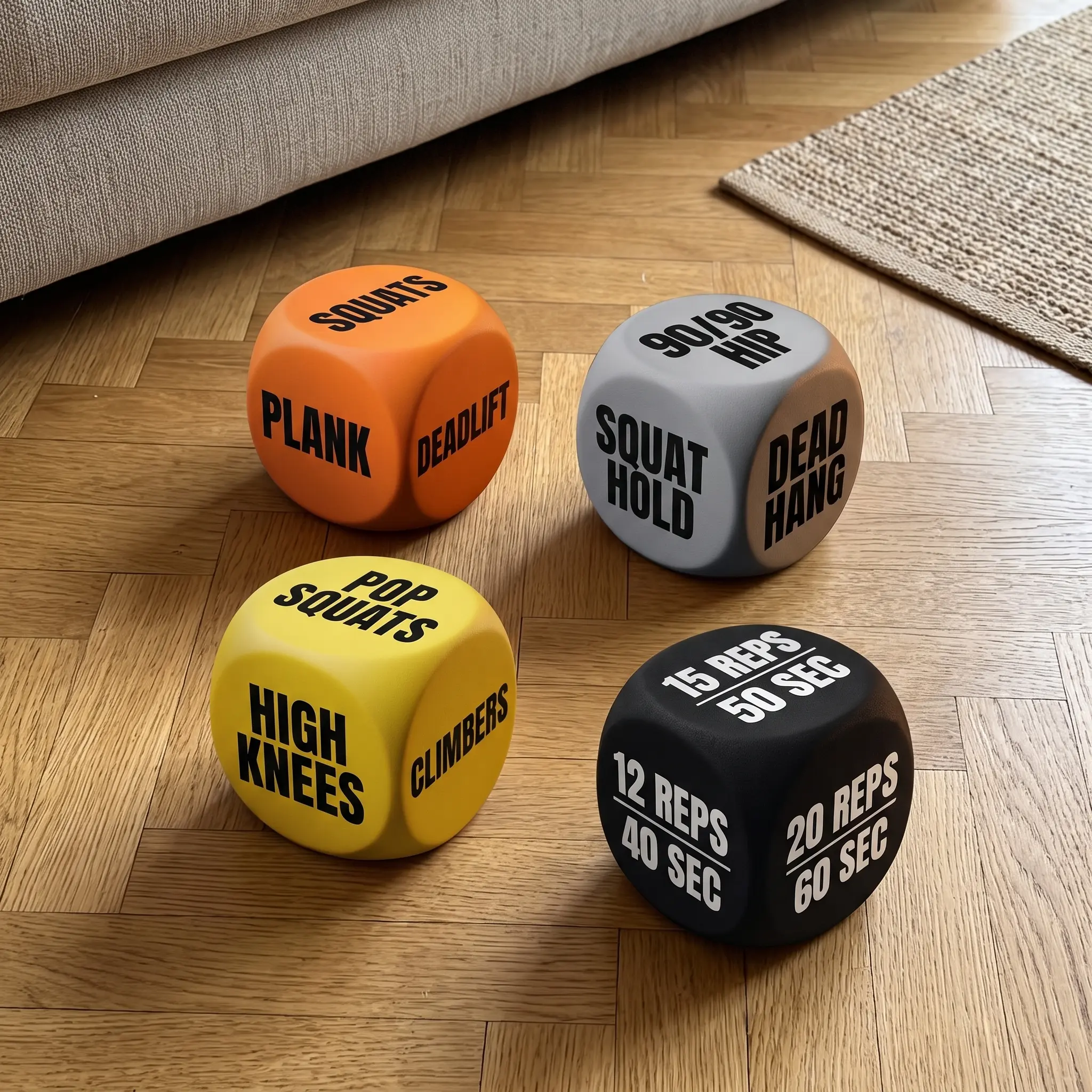 The four dice on a wooden floor next to a sofa