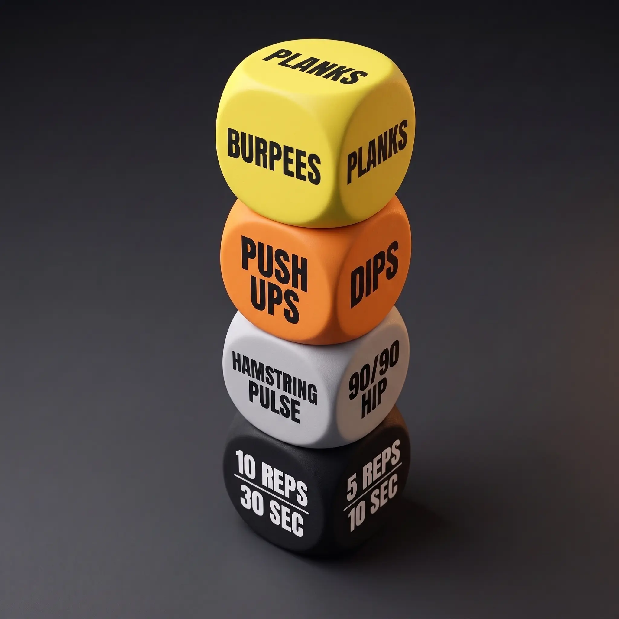 The four dice stacked in a tower