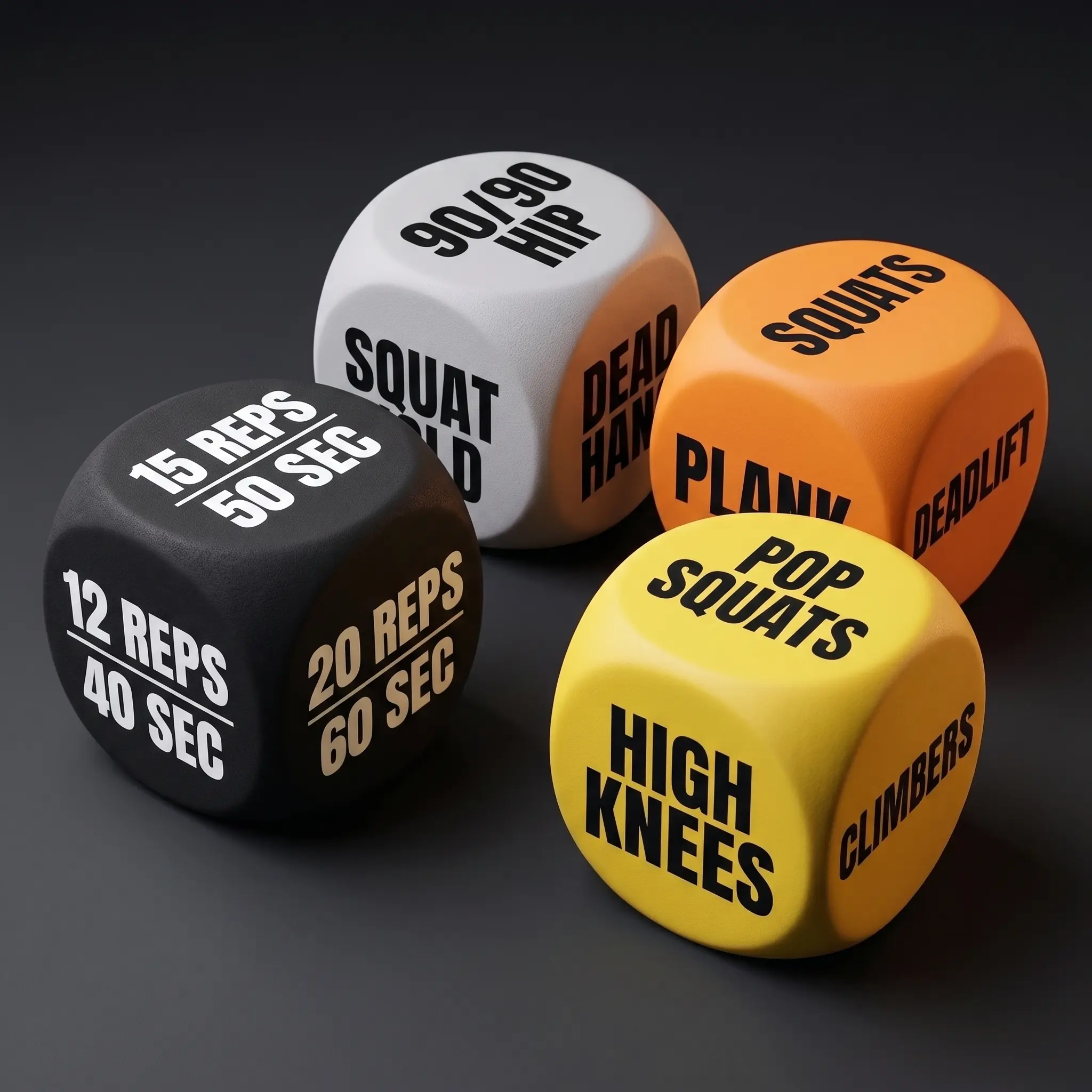 The four WorkBout dice: strength, cardio, mobility and the time/reps die